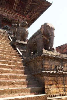 Old buddhistic statues on Bhaktapur Square. Kathmandu, Nepal