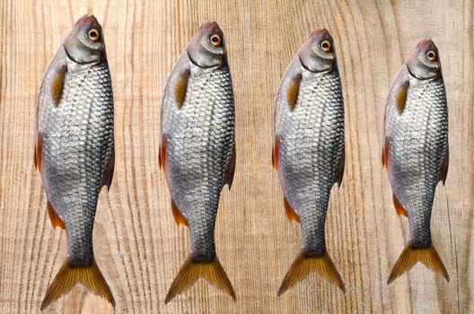 Some raw fish lying on a wooden background.