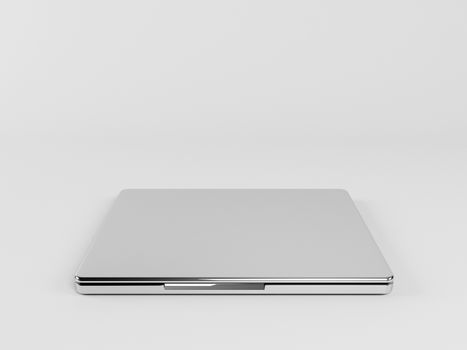 3d laptop with reflection and a black screen inside a white stage full closed