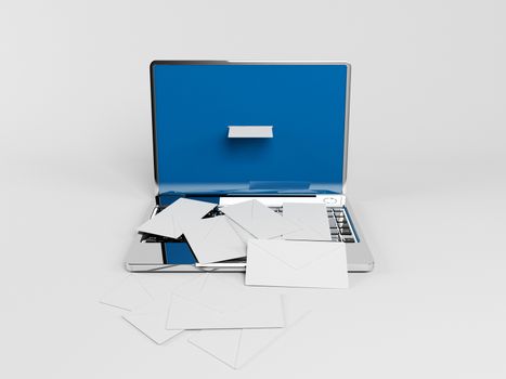 3d laptop with many white envelopes on it