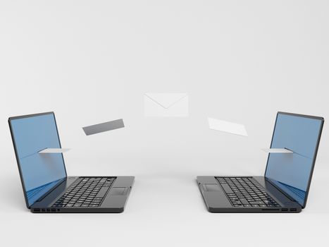 two laptops communicating mails with envelopes in a white 3d stage.