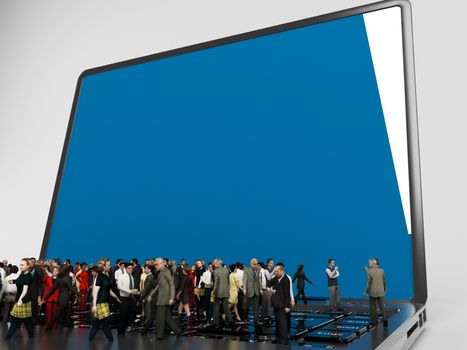 3d characters on a laptop inside a white stage