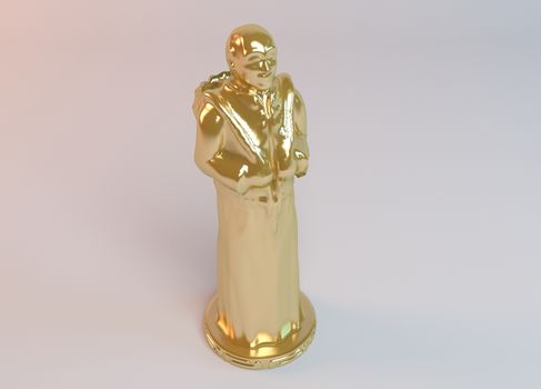 3d golden Asian traveler statue inside a white stage