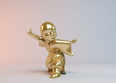 Golden 3d boy kung Fu master demonstrating martial arts inside a white stage