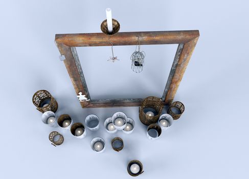 many types of candle holders with wooden frame.