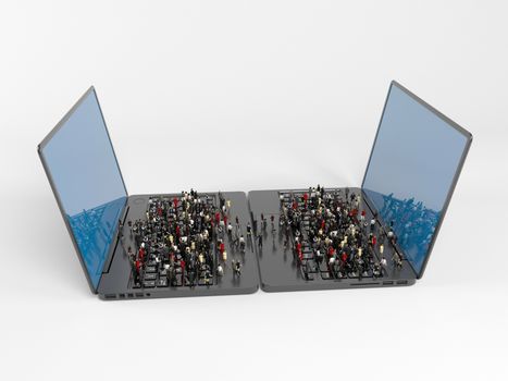 3d characters on two connected laptops inside a white stage