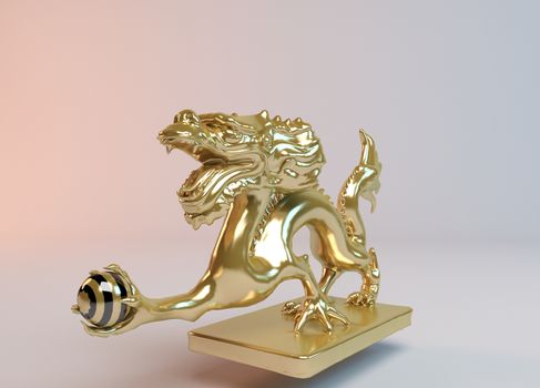 Golden 3d dragon catching the ball of power inside a white stage