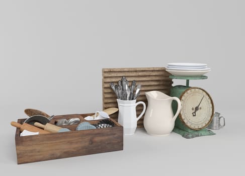 Kitchen tools with wooden cutting board and other kitchen bits and pieces. 3D illustration