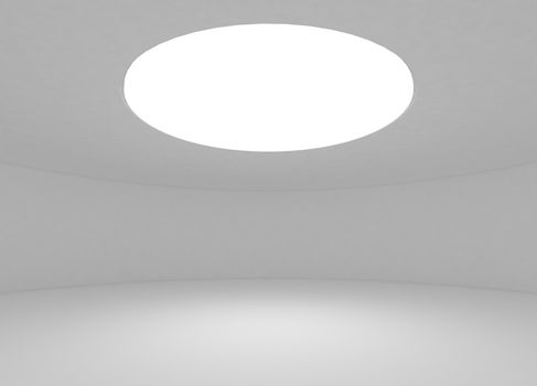 3d white interior inside a cylinder with a glowing spot in the middle.