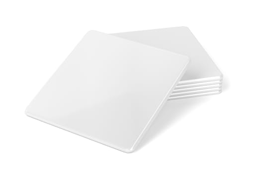 Stack of blank drink coasters on white background