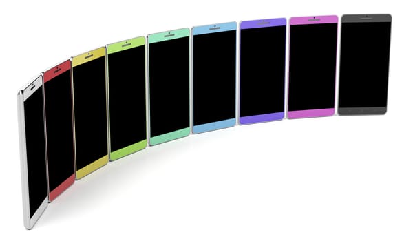 Group of smartphones with different colors on shiny white background