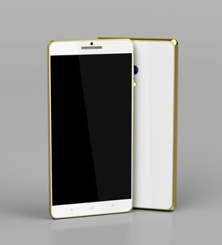 Modern smartphones with golden frame on shiny gray background