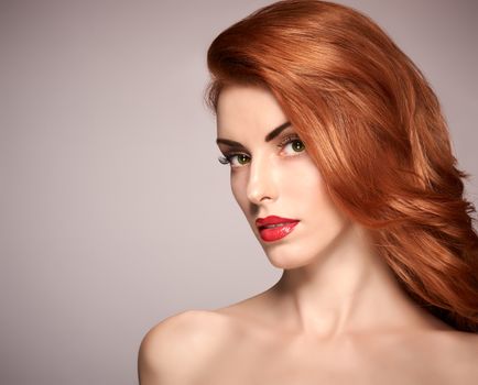 Beauty portrait nude woman, eyelashes, perfect skin, natural makeup, red lips, fashion. Gorgeous sensual attractive pretty redhead sexy model girl, shiny wavy hair. People face closeup, spa, copyspace