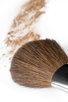 Close up view of face powder and brush on white back