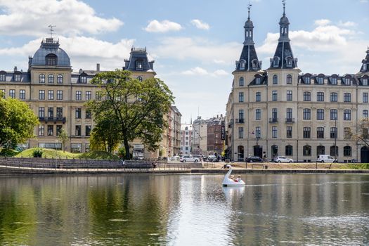 Copenhagen, Denmark - August 05, 2015 : the lakes in Copenhagen, Denmark is a row of 3 rectangular lakes curving around the western margin of the City centre, forming one the oldest and most distinctive features of the city's topography. The paths around them are popular with strollers and runners. Copenhagen, Denmark.