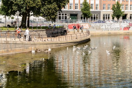 Copenhagen, Denmark - August 05, 2015 : the lakes in Copenhagen, Denmark is a row of 3 rectangular lakes curving around the western margin of the City centre, forming one the oldest and most distinctive features of the city's topography. The paths around them are popular with strollers and runners. Copenhagen, Denmark.