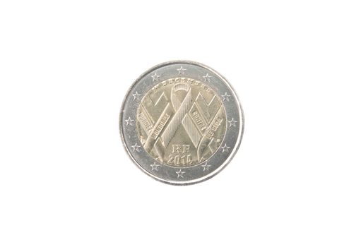 Commemorative 2 euro coin of France minted in 2014 isolated on white