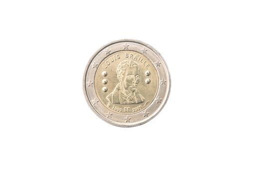 Commemorative 2 euro coin of Belgium minted in 2009 isolated on white