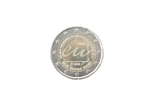 Commemorative 2 euro coin of Belgium minted in 2010 isolated on white