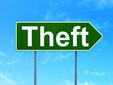 Security concept: Theft on green road highway sign, clear blue sky background, 3d render