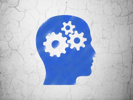 Finance concept: Blue Head With Gears on textured concrete wall background