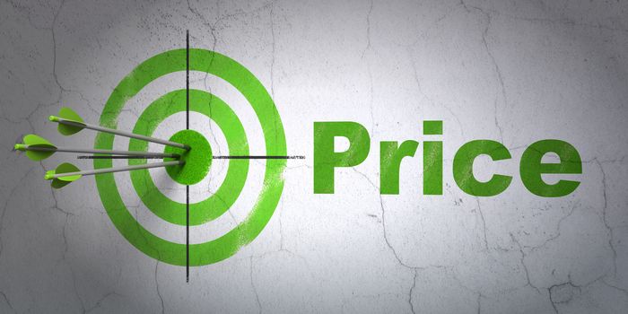 Success advertising concept: arrows hitting the center of target, Green Price on wall background