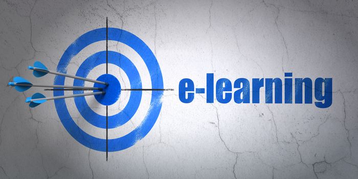 Success Education concept: arrows hitting the center of target, Blue E-learning on wall background