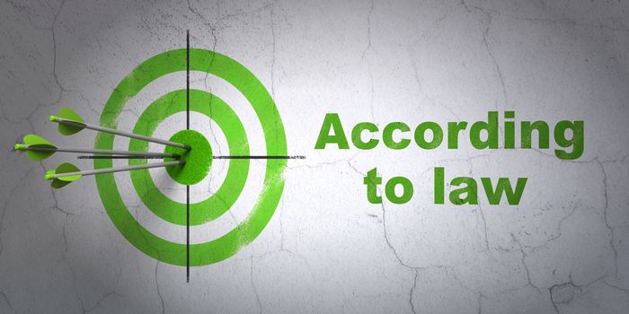 Success law concept: arrows hitting the center of target, Green According To Law on wall background