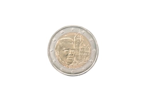 Commemorative 2 euro coin of Luxembourg minted in 2008 isolated on white