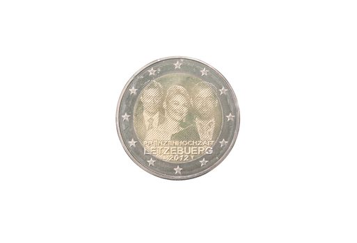 Commemorative 2 euro coin of Luxembourg minted in 2012 isolated on white