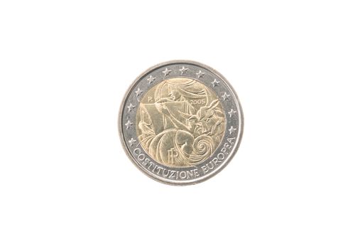 Commemorative 2 euro coin of Italy minted in 2005 isolated on white