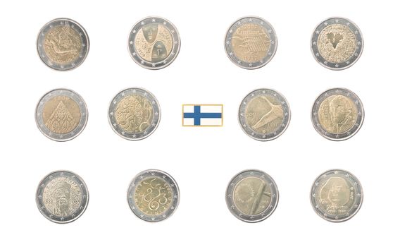 Set of commemorative coins of Finland isolated on white