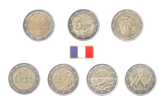Set of commemorative coins of France isolated on white