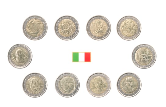 Set of commemorative coins of Italy isolated on white