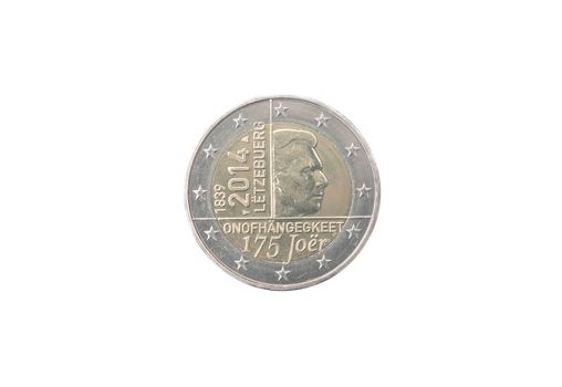 Commemorative 2 euro coin of Luxembourg minted in 2014 isolated on white