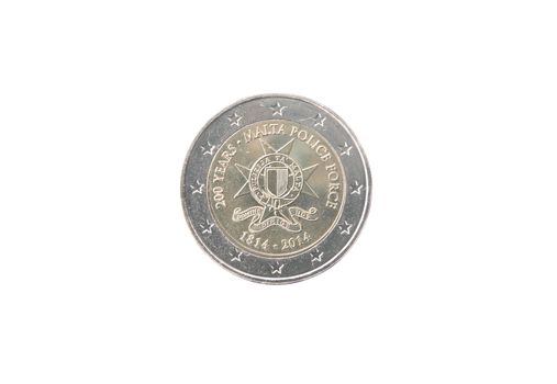 Commemorative 2 euro coin of Malta minted in 2014 isolated on white