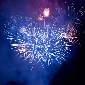 Blue and purple colorful fireworks on the black sky background. Holiday celebration.