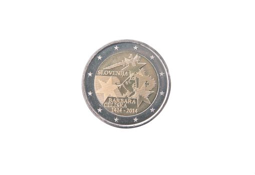 Commemorative coin of Slovenia minted in 2014 isolated on white