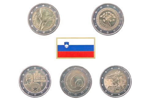 Collection of commemorative coins of Slovenia  isolated on white