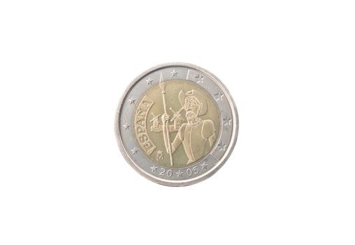 Commemorative 2 euro coin of Spain minted in 2005 isolated on white