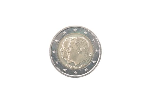 Commemorative 2 euro coin of Spain minted in 2014 isolated on white