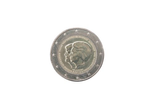 Commemorative 2 euro coin of the Netherlands  minted in 2013 isolated on white