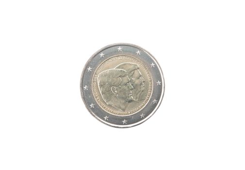 Commemorative 2 euro coin of the Netherlands  minted in 2014 isolated on white