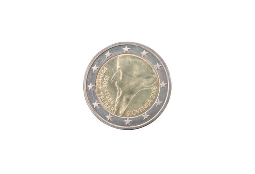 Commemorative coin of Slovenia minted in 2008 isolated on white