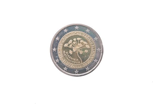 Commemorative coin of Slovenia minted in 2010 isolated on white