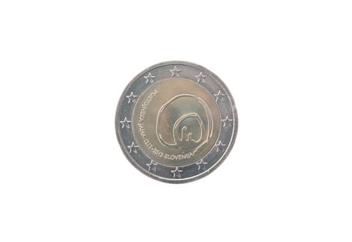 Commemorative coin of Slovenia minted in 2013 isolated on white