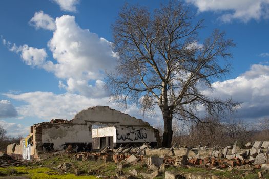 Abandoned house without a roof, doors and windows, remaining just fragments in the nature. Dirt everywhere around. Old big tree and cloudy sky.