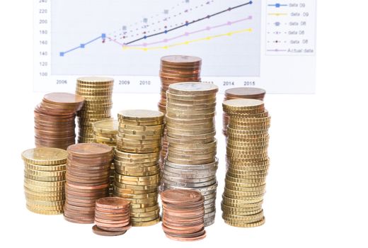 Coin stack and business chart on background over white