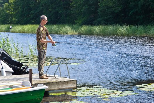 Fisherman fishing with spinning on river