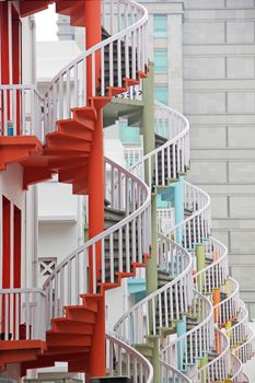 Colorful emergency stairs fire escape outside building